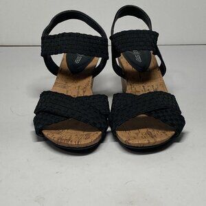 FLEX STEP Women's woven strappy sandals, faux cork wedge heel, Black, 6.5 - 7